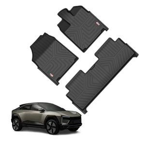 Black custom fit Car Mats for MAHINDRA BE 6 rubber full coverage floor liners displayed with Mahindra BE 6 SUV