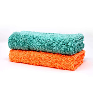 Two plush Microfiber Cloths for Car & Bike in teal and orange colors for effective cleaning
